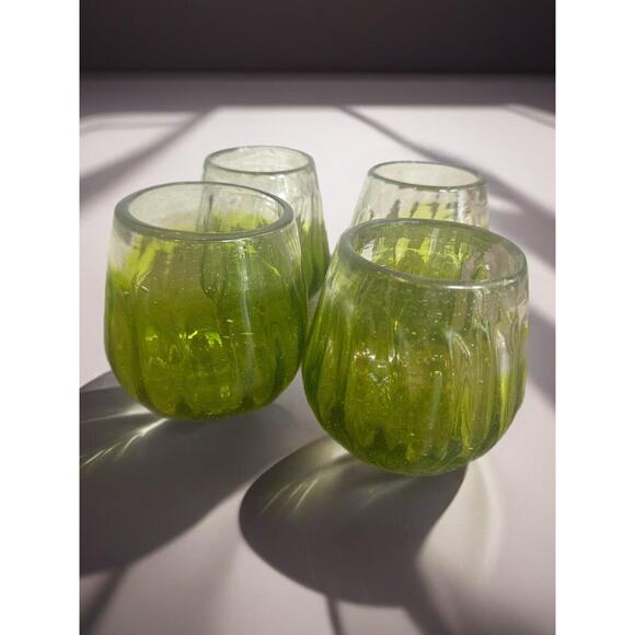Set Of (4) Vintage Hand Blown Drinking Glasses Green Ombré Artisan 1970s - Picture 1 of 16